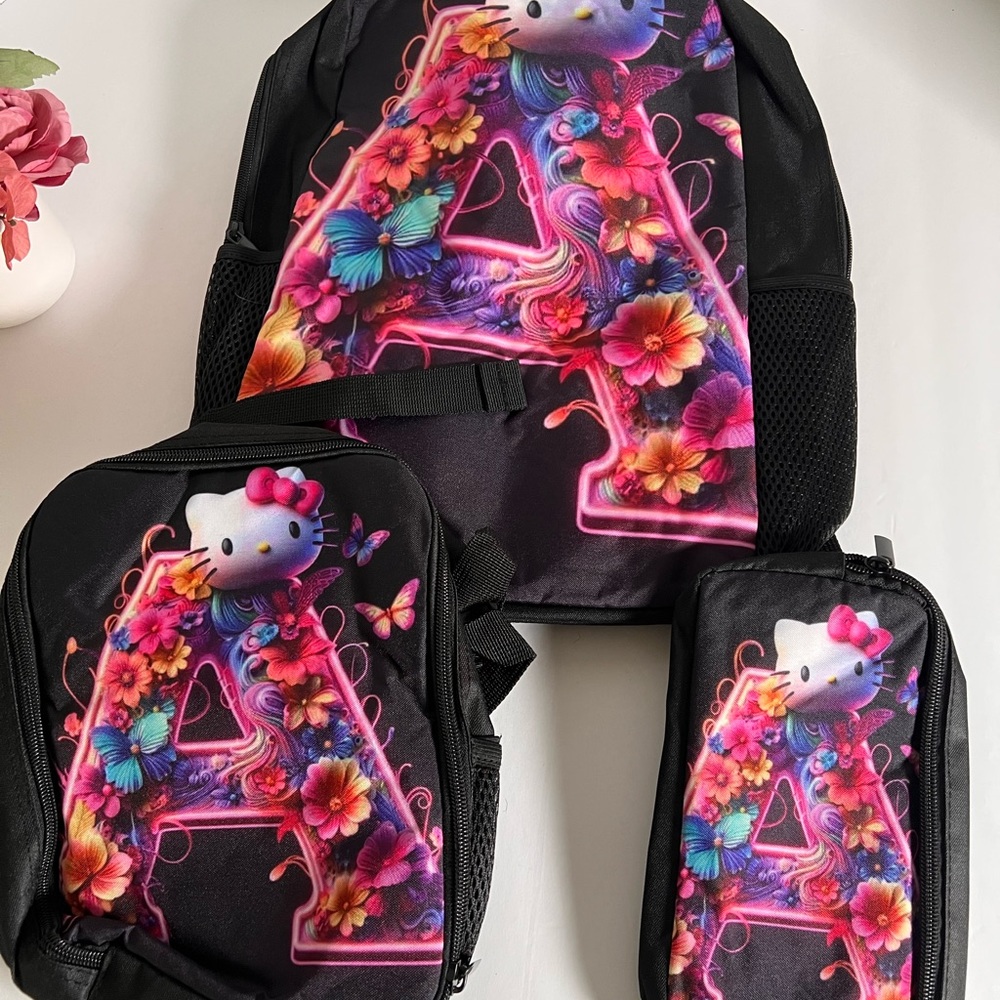 New Hello Kitty Black and Pink Kids 3 Piece Backpack Set
